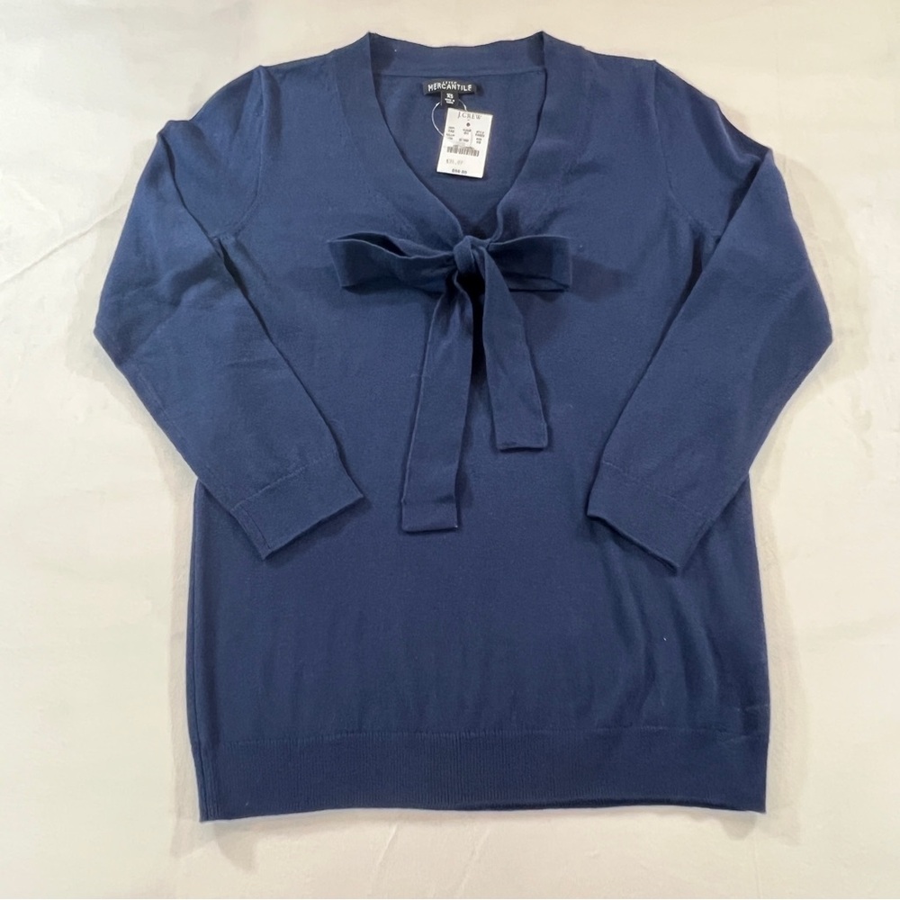 NWT J. Crew Deep Blue V-Neck Sweater with Bow